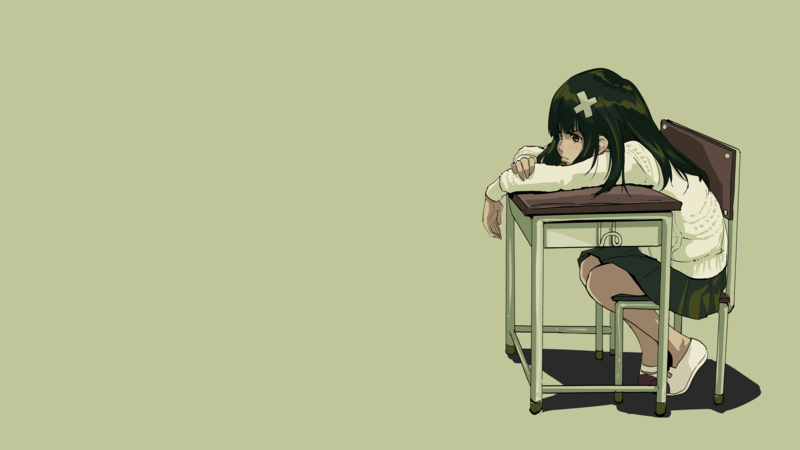 desk, simple background, anime girls, anime, sitting, dark hair
