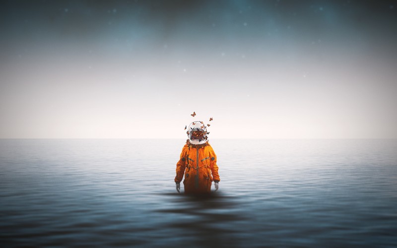 artwork, astronaut, sea, water, butterflies