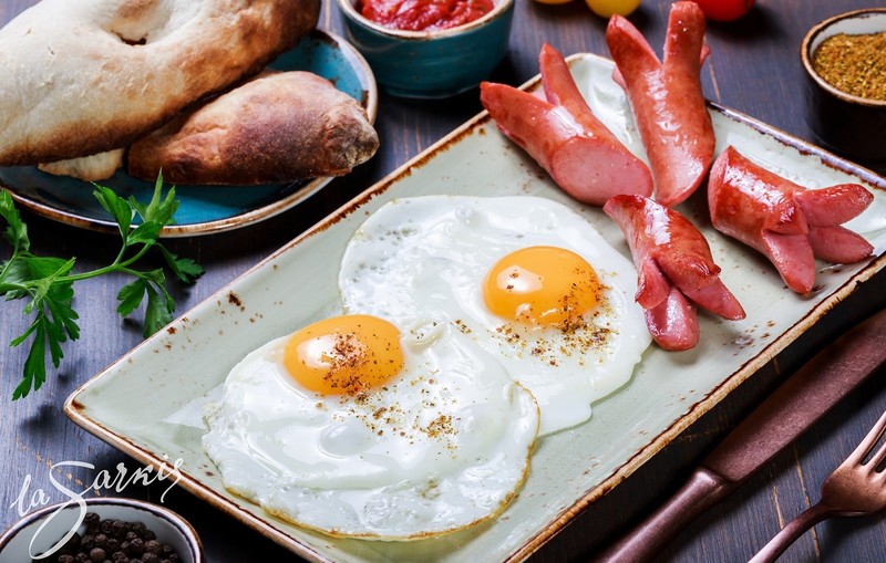 sausage, eggs, food, plates