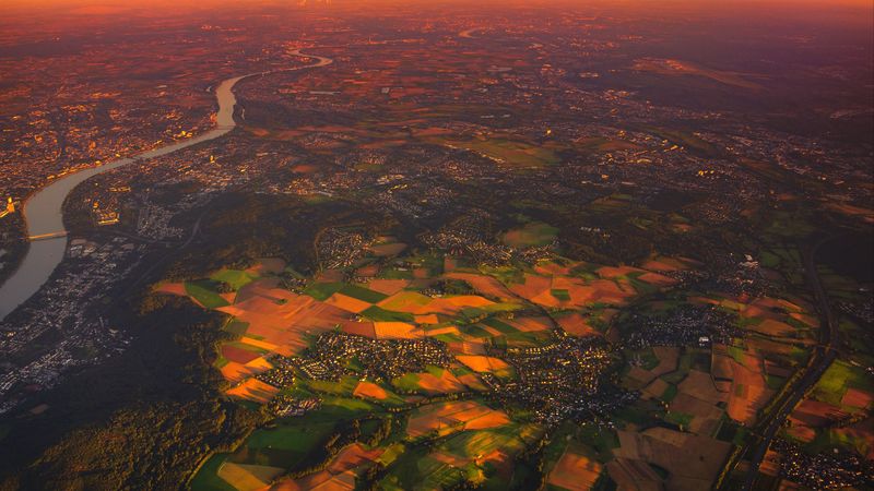 village, aerial view, landscape, sunset, dawn, 4k
