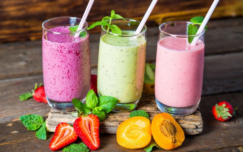 drink, food, drinking glass, drinking straw, fruit, strawberries, colorful
