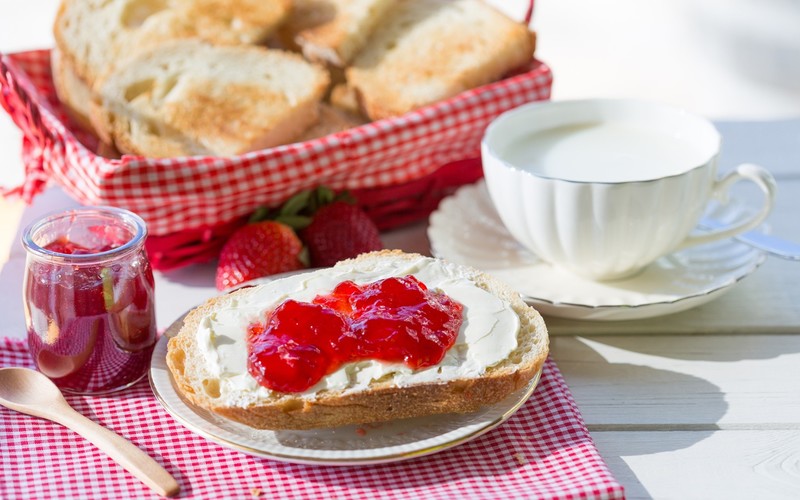 food, sweets, bread, spoon, cup, marmalade, strawberries, fruit