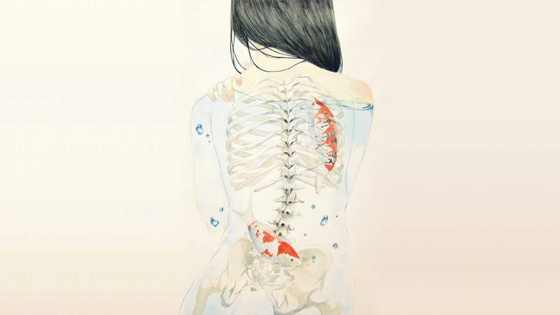 women, skeleton, fish, back, long hair, water