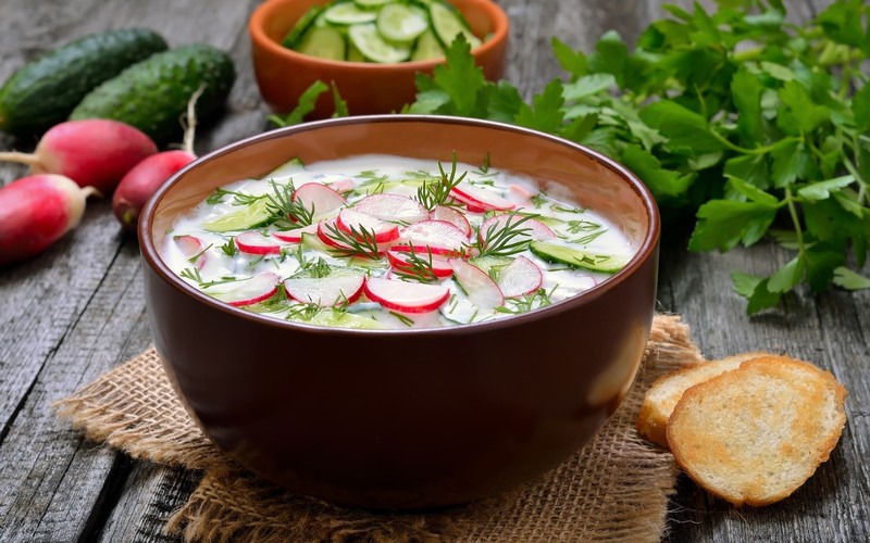 food, bowls, vegetables, soup, dishes, radish, bread