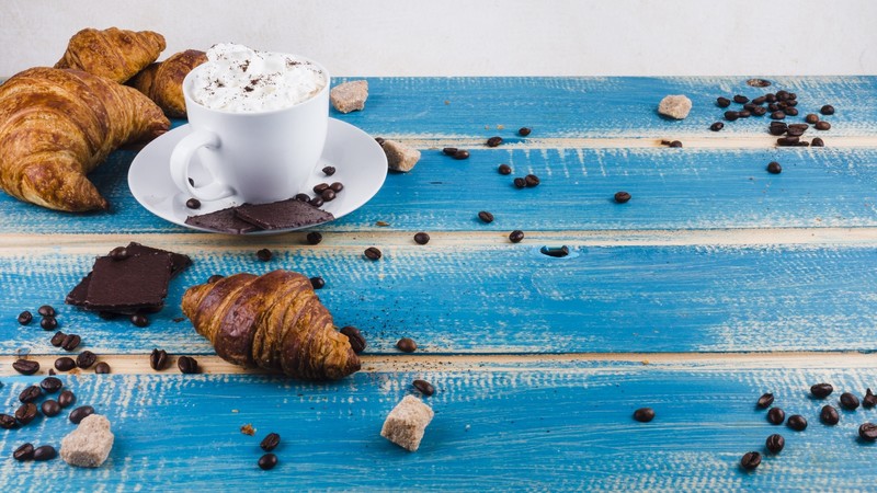 croissants, cup, sweets, chocolate, food, blue, coffee beans