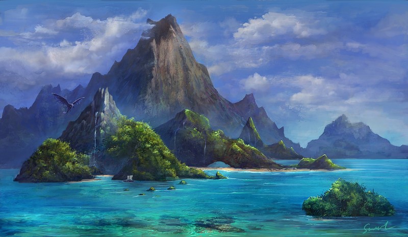 fantasy art, island, artwork, nature, dragon