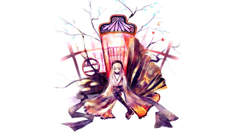 anime girls, sitting, Suigintou, Rozen Maiden, trees, doll, long hair, kimono, traditional clothing, tears, horns, jewelry, clouds