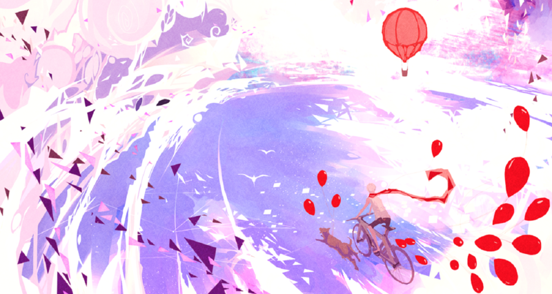 Nano Mortis, abstract, bicycle, scarf, hot air balloons, balloon, dog, clouds, birds