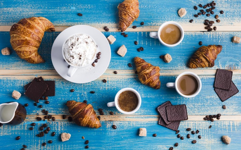 food, still life, sweets, coffee, croissants, chocolate