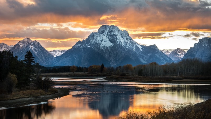 mountains, lake, sunset, sky, clouds, peak, trees, mount moran, Grand Teton National Park, landscape, snowy mountain