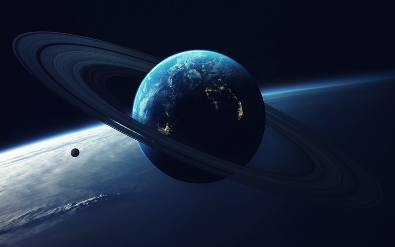 space, space art, digital art, blue, planet, planetary rings, Vadim Sadovski