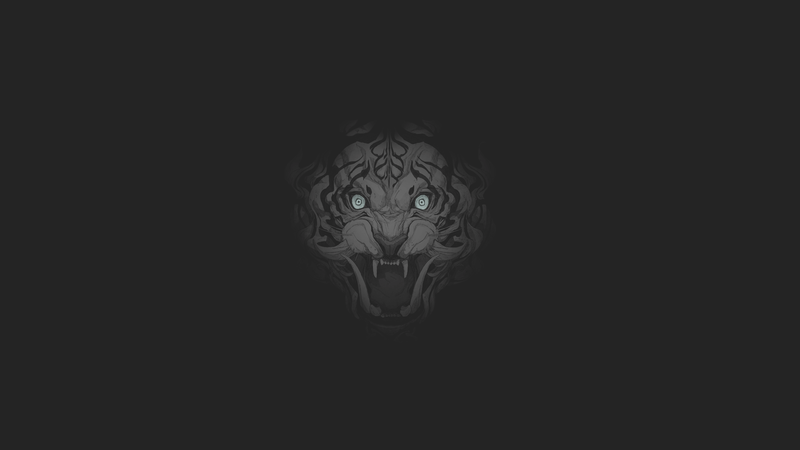fan art, illustration, dark background, tiger, minimalism, monochrome, mint, Chun Lo