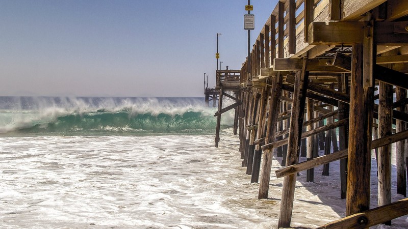nature, pier, wood, clear sky, waves, landscape, sea foam, sea, windy