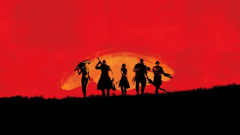 Devil May Cry 5, Red Dead Redemption, red, sunset, fictional characters, video game characters, video game art, western, Trish, Dante (Devil May Cry), Nero (Devil May Cry)