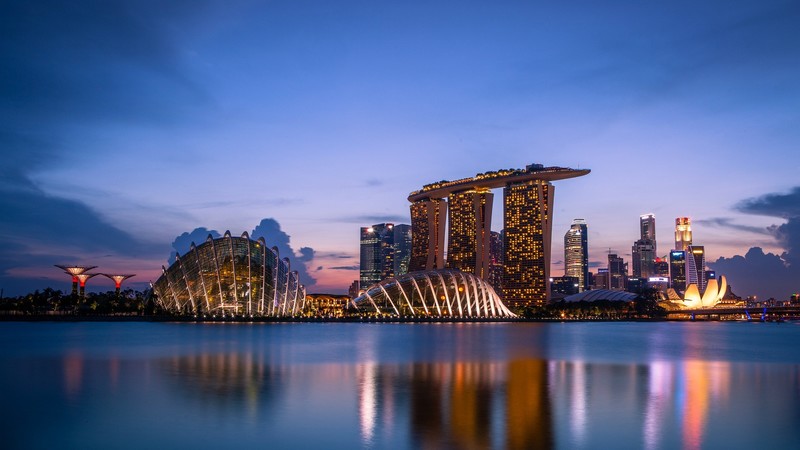 Singapore, night view, skyscraper, city, cityscape, city lights, dusk, Marina Bay