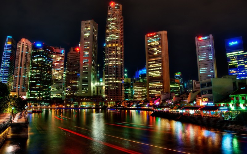 Singapore, night view, skyscraper, light trails, city lights, city