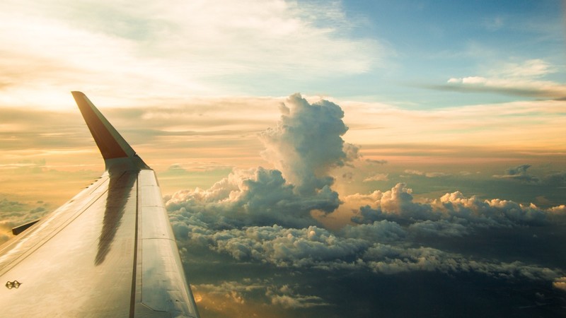 plane wing, clouds, skyscape, sunset, aerial view, sky