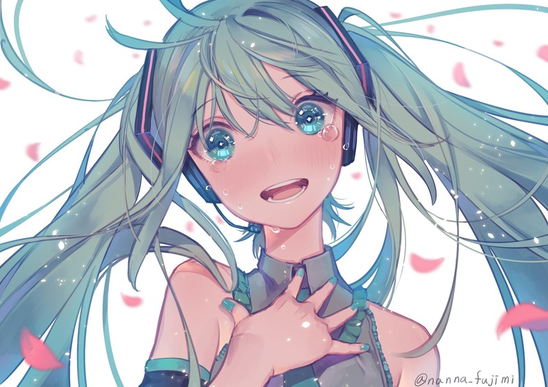 Hatsune Miku, Vocaloid, twintails, petals, Nanna Fujimi, anime, anime girls, blue eyes, headphones, long hair, painted nails, simple background, white background, blue hair, hands, tears, women, artwork, digital art, drawing, 2D, illustration, fan art