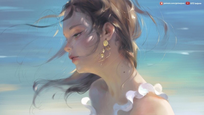 artwork, women, brunette, long hair, profile, earring, face, portrait, digital painting, illustration, 2D, drawing, digital art, windy, sea, Taejune Kim