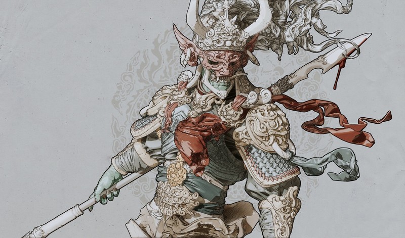 fantasy art, armor, weapon, horns, demon, Oni, fantasy armor