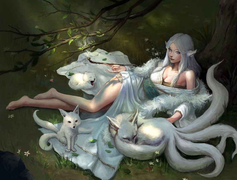 barefoot, fantasy art, fantasy girl, legs, fox girl, fox cubs