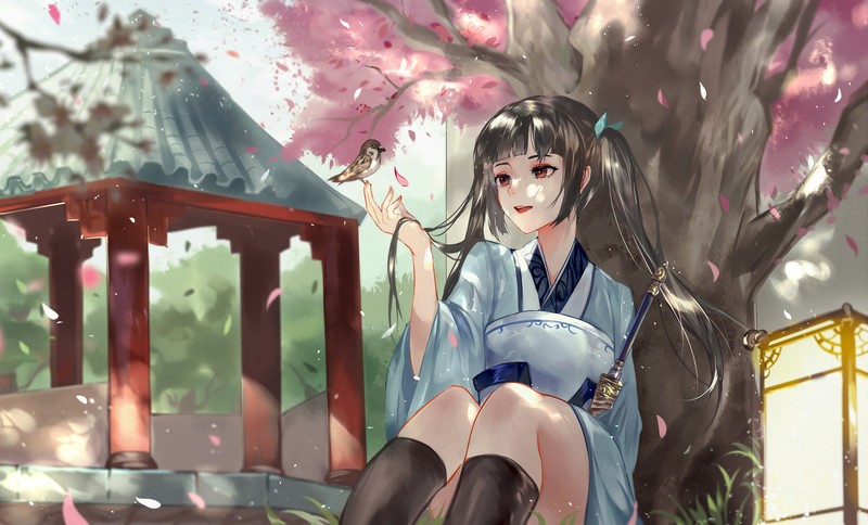 anime girls, original characters, women, black hair, long hair, twintails, smiling, kimono, sitting, birds, environment, petals, artwork, drawing, digital art, 2D, illustration, bokeh, trees, Vardan, anime, wind, sparrow