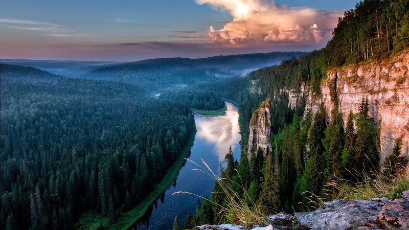nature, rock, landscape, trees, cliff, river, forest