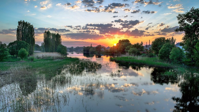nature, sunlight, landscape, river, sunset, trees