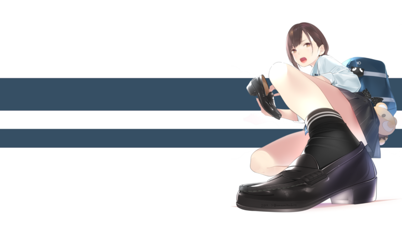 anime girls, original characters, women, brunette, short hair, looking at viewer, open mouth, schoolgirl, school uniform, shirt, skirt, socks, shoes, squatting, backpacks, lines, white background, simple background, white, blue, drawing, artwork, digital art, 2D, illustration, minimalism, amamitsuki12, anime, upskirt, suggestive, yomu, low-angle
