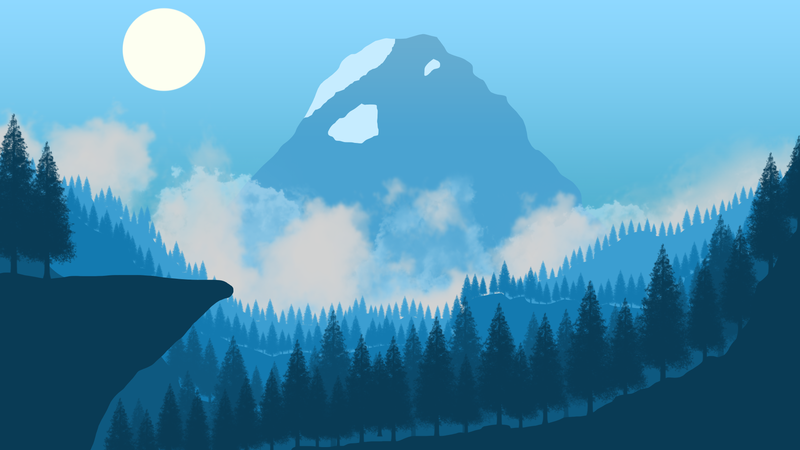 Flatdesign, landscape, forest, 2D, minimalism, clouds, cyan, digital art, blue