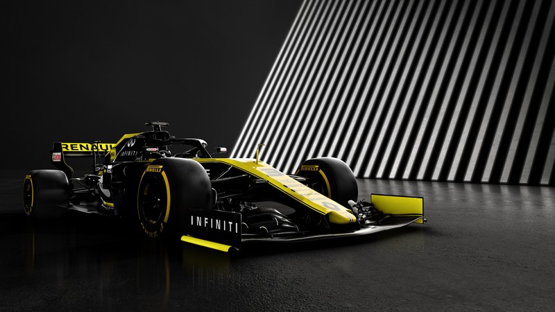 renault r.s.19, Formula 1, vehicle, 2019, yellow cars, black, formula cars, front angle view