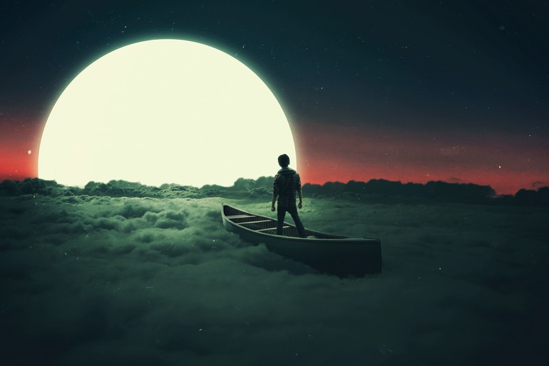 Moon, clouds, surreal, boat, sunset, fantasy art, sky, canoes
