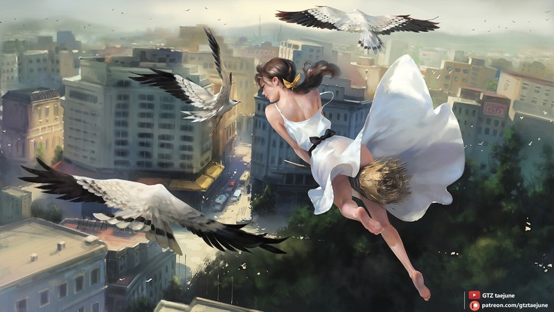 ponytail, fantasy girl, dress, white dress, witch, broom, witches broom, barefoot, city, birds, fantasy art, artwork, drawing, digital art, illustration, Taejune Kim, foot sole, people
