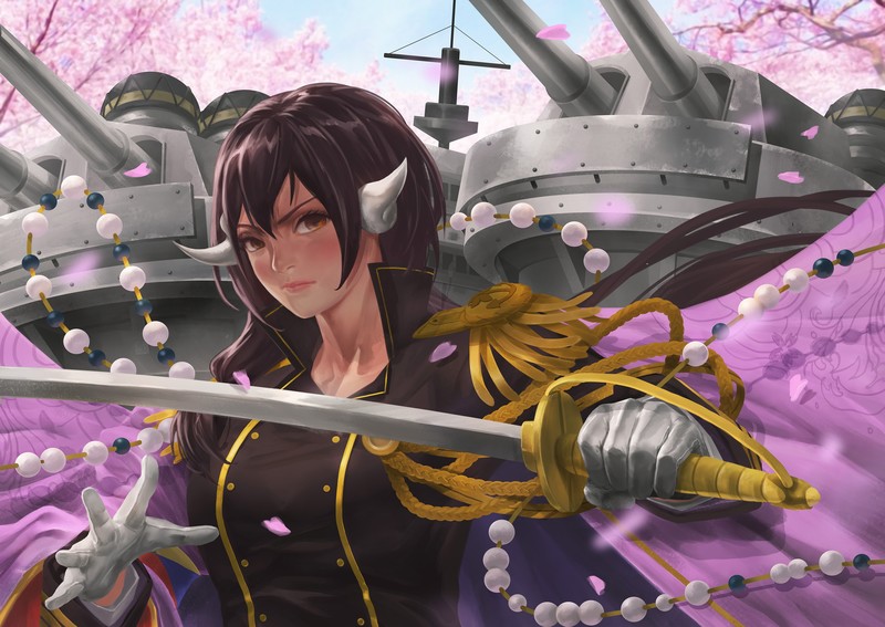 Mikasa (Azur Lane), Azur Lane, video games, women, brunette, uniform, gloves, sword, cannons, fantasy art, fan art, anime girls, artwork, drawing, digital art, weapon, anime