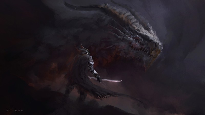 Juan Pablo Roldan, dragon, creature, warrior, knight, sword, fantasy art, artwork, digital art, drawing, illustration