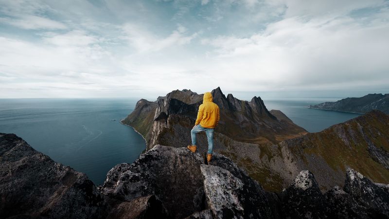 mountain, solitude, man, peak, norway, 4k