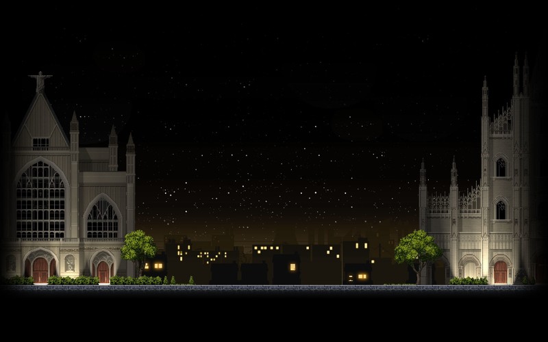 digital art, pixel art, pixels, building, pixelated, trees, video games, retro games, cathedral, Jesus Christ, church, dark, stars, Gothic architecture, plants