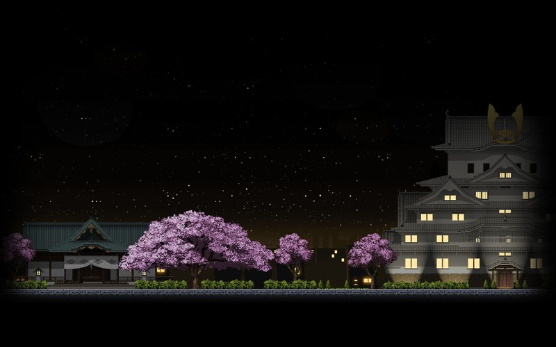 digital art, pixel art, pixels, building, pixelated, trees, video games, retro games, night, dark, stars, cherry blossom, lights, sakura (tree), plants, Asian architecture