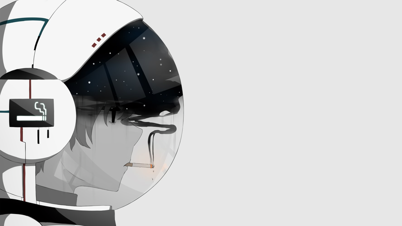 anime boys, cigarettes, helmet, smoke, space suit, black eyes, smoking