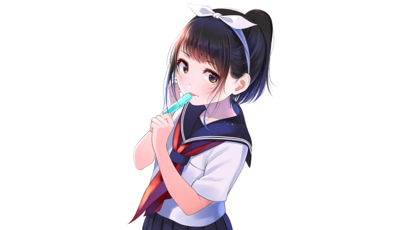 anime girls, original characters, women, brunette, ponytail, headband, schoolgirl, looking at viewer, brown eyes, blushing, ice cream, lick, touching face, portrait, school uniform, sailor uniform, white background, simple background, minimalism, artwork, drawing, digital art, illustration, 2D, anime