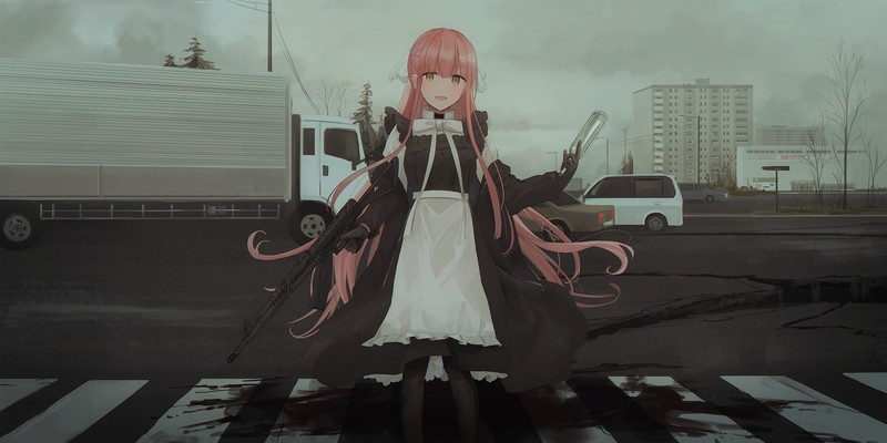 anime girls, anime, original characters, pink hair, maid outfit, black gloves, blood