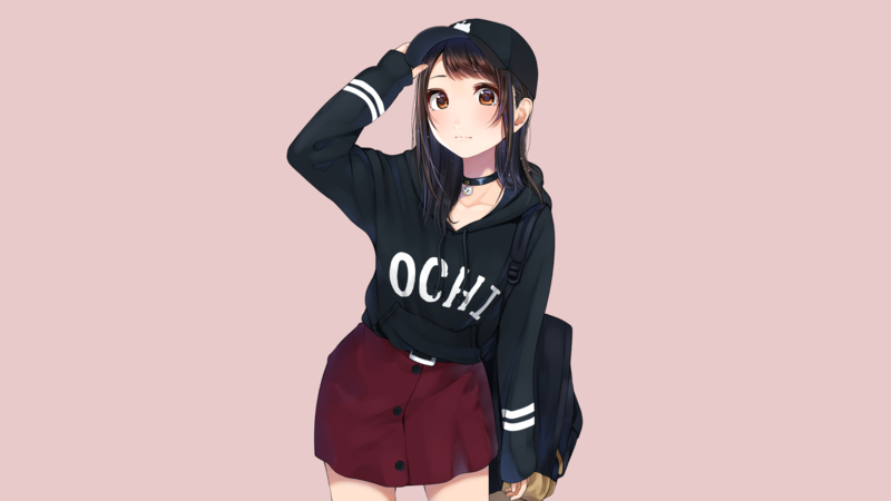 anime girls, original characters, women, brunette, brown eyes, looking at viewer, baseball caps, necklace, hoods, sweatshirts, skirt, backpacks, casual, pink background, simple background, minimalism, artwork, drawing, digital art, illustration, 2D, anime