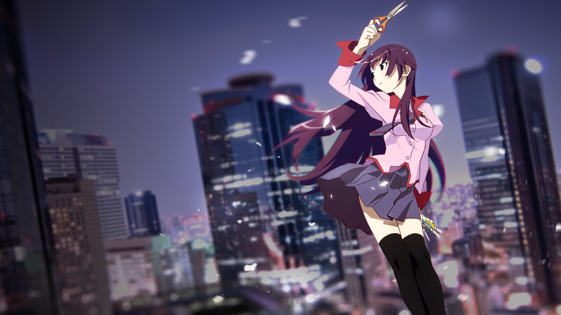 anime, anime girls, white skin, purple hair, city, cityscape, fan art, night, Monogatari Series, Senjougahara Hitagi, school uniform, black stockings