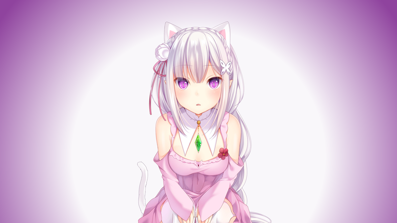 anime, anime girls, white skin, simple background, white hair, purple eyes, Re:Zero Kara Hajimeru Isekai Seikatsu, cat girl, Emilia (Re: Zero), purple, pink, fan art, cleavage