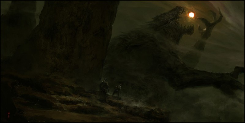 creature, Sun, rocks, fantasy art, claws, adventurers, Chris Cold