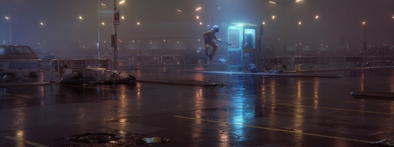 digital art, astronaut, city, parking, phone box, cyan