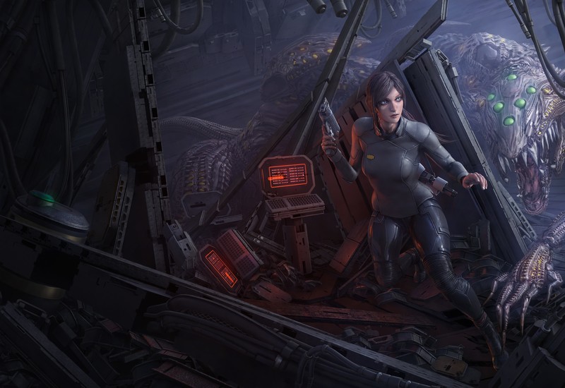 women, brunette, blue eyes, looking away, ponytail, uniform, futuristic, futuristic armor, creature, destruction, fantasy art, science fiction, artwork, CGI, digital art, original characters, concept art, Tek Tan