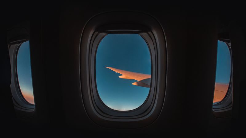 porthole, window, plane, wing, sky, flight, 4k