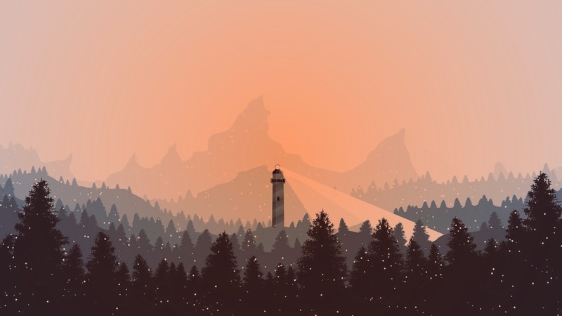 snow, lighthouse, orange, winter, digital art, mountains
