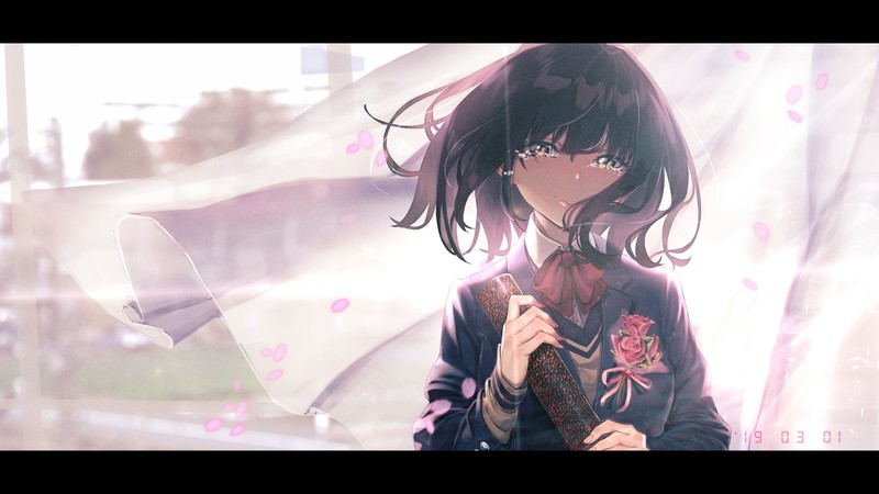 anime girls, original characters, brunette, looking at viewer, crying, tears, portrait, schoolgirl, school uniform, bow-tie, curtains, lens flare, depth of field, artwork, drawing, digital art, illustration, 2D, Rolua Noa, anime